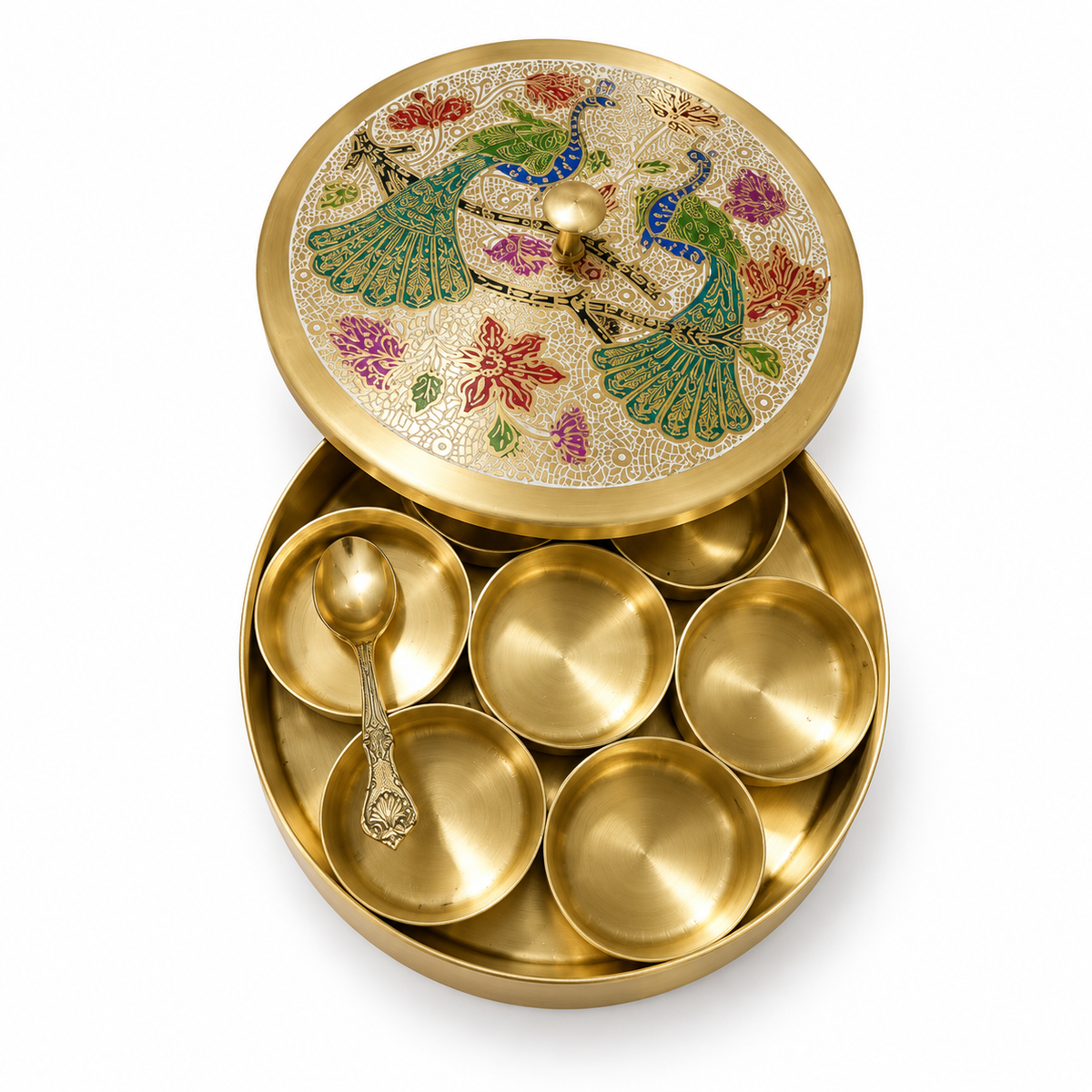Item code MI130 Handcrafted Brass Masala Box with Enamel Peacock Meenakari Design (6 Inch)