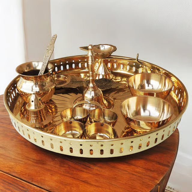 Brass Puja Thali Set With Multiple Items - 9.8*9.8*1.4 inch (SBM003 C)