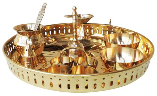 Brass Puja Thali Set With Multiple Items - 9.8*9.8*1.4 inch (SBM003 C)