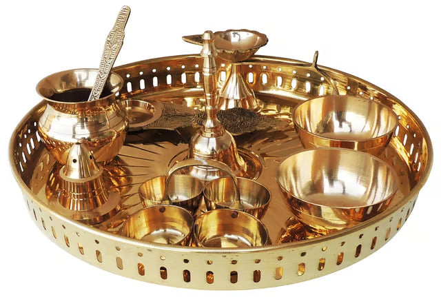 Brass Puja Thali Set With Multiple Items - 9.8*9.8*1.4 inch (SBM003 C)