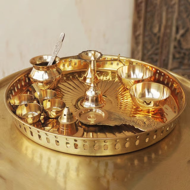 Brass Puja Thali Set With Multiple Items - 11*11*1.4 inch (SBM003D)
