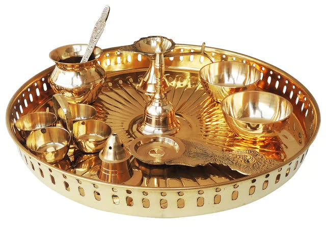 Brass Puja Thali Set With Multiple Items - 11*11*1.4 inch (SBM003D)