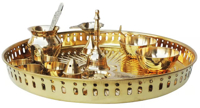 Brass Puja Thali Set With Multiple Items - 11*11*1.4 inch (SBM003D)